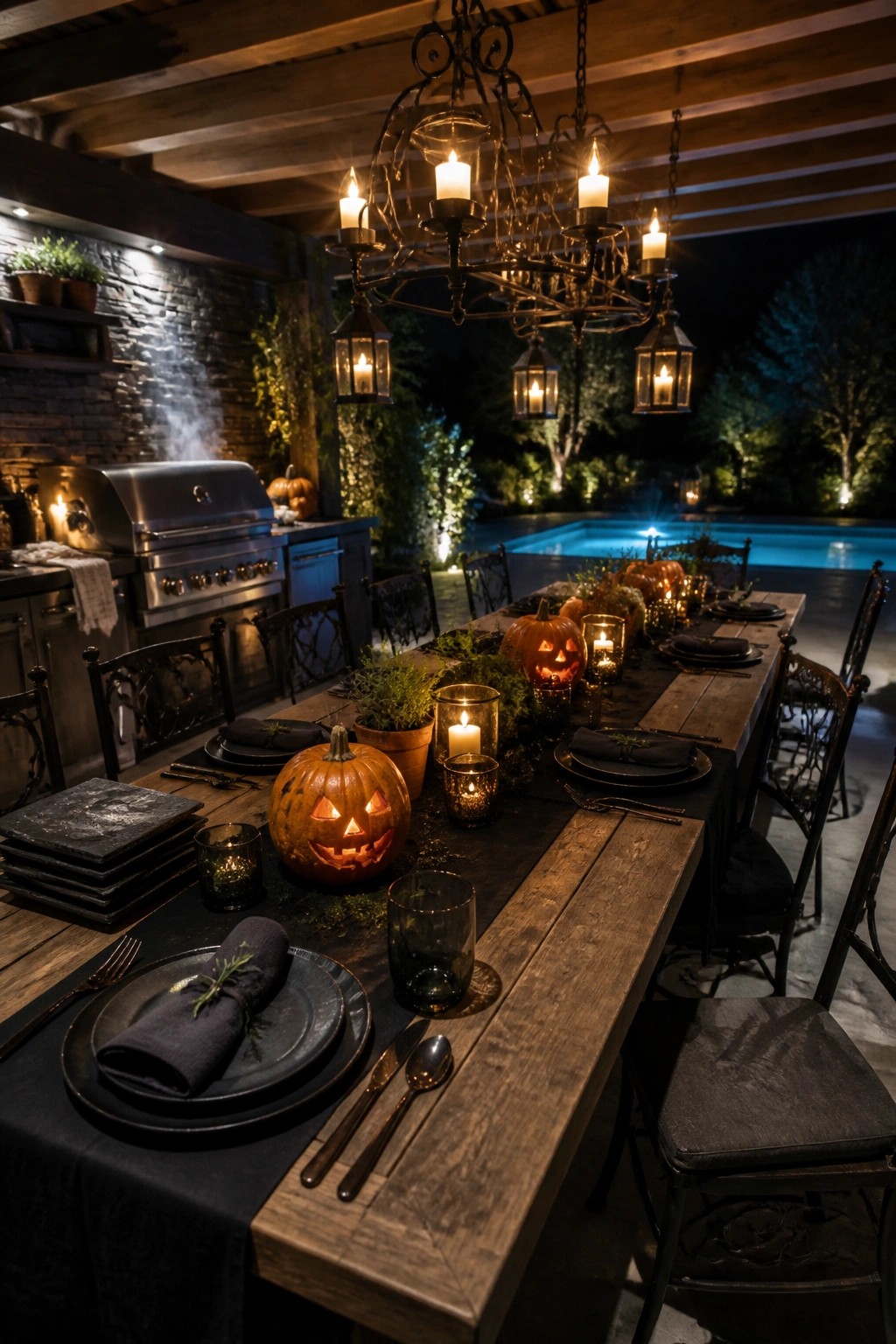 A long wooden outdoor dining table at night set with black plates, napkins, cutlery, carved jack-o'-lantern pumpkins, and lit candles, with a pool and overhead chandelier visible in the background.