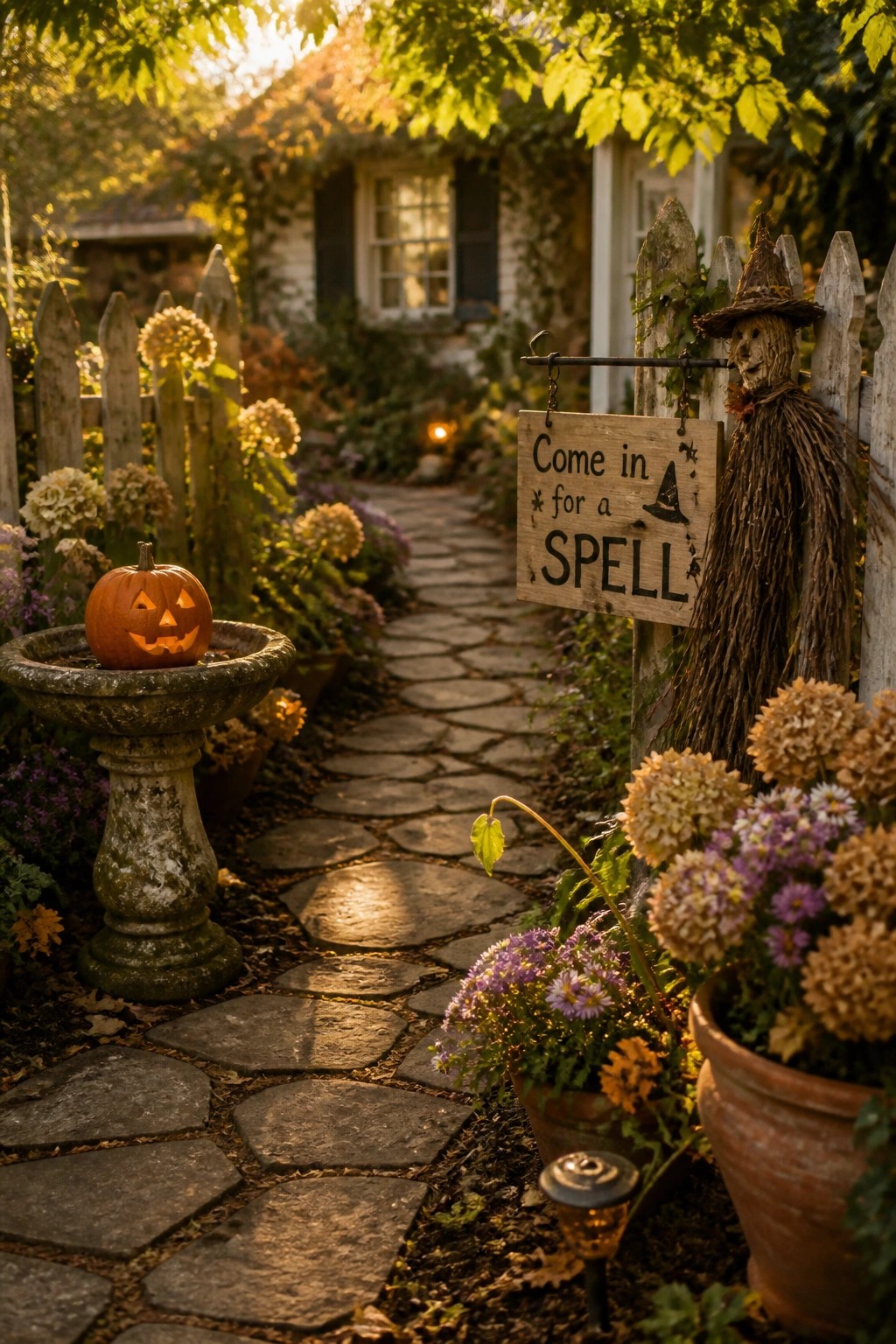 Autumn path with witch scarecrow, 