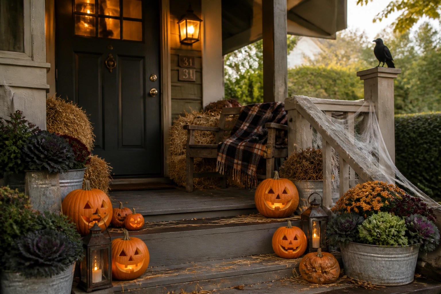 A front porch and steps decorated with carved pumpkins, lit lanterns, potted mums, hay bales, and a wooden bench with a plaid blanket.