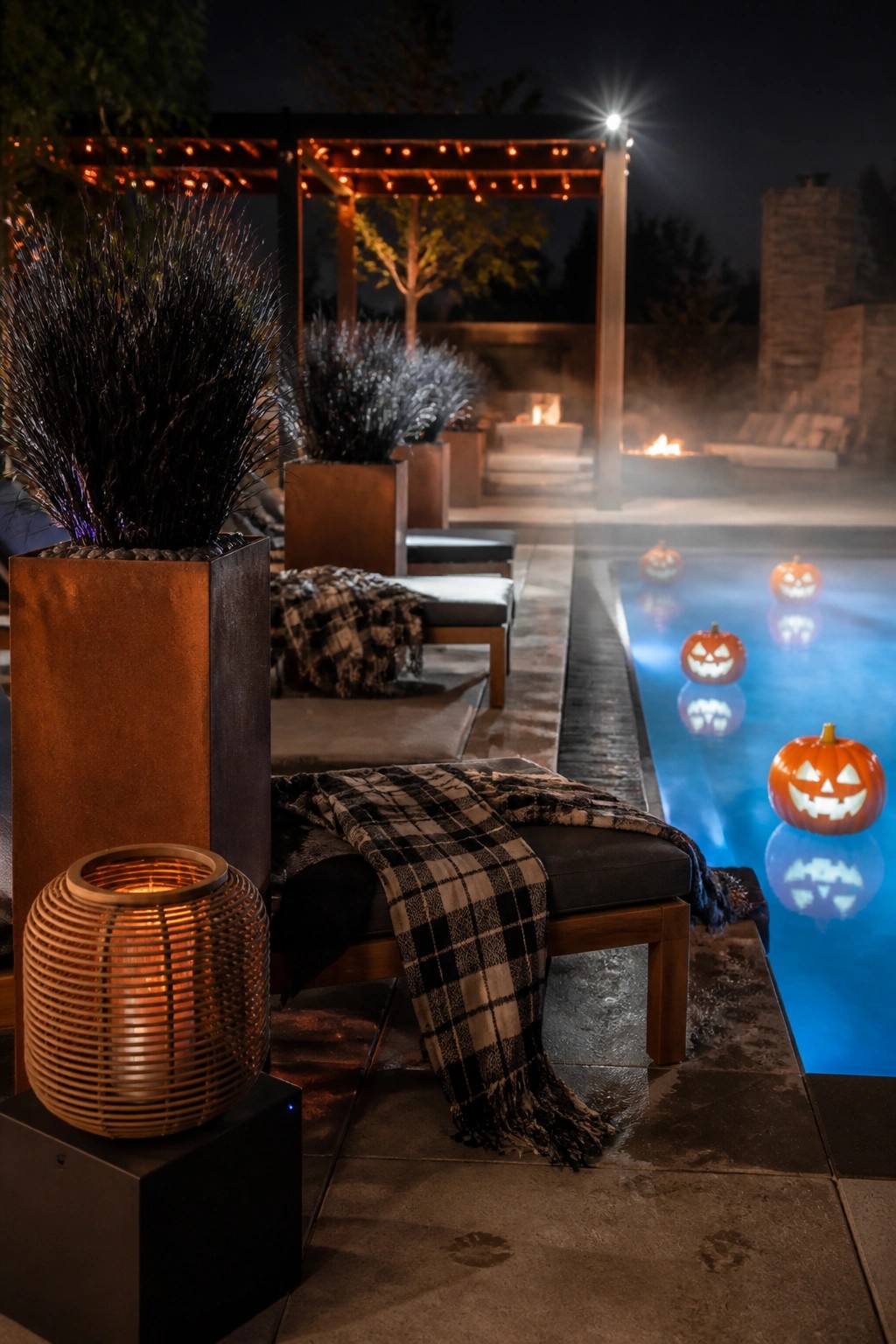 Nighttime pool patio with floating jack-o'-lanterns, lounge chairs, plaid blankets, and string lights.