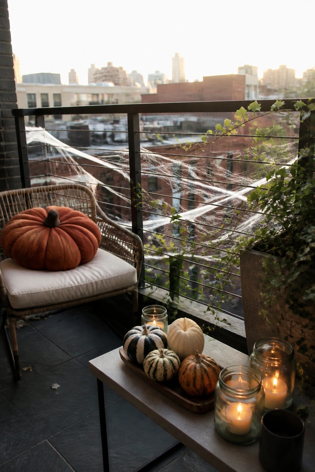 A balcony scene with a wicker chair holding an orange pumpkin, a low table displaying assorted pumpkins on a wooden tray, and several lit candles in glass jars near a railing decorated with spider webs.