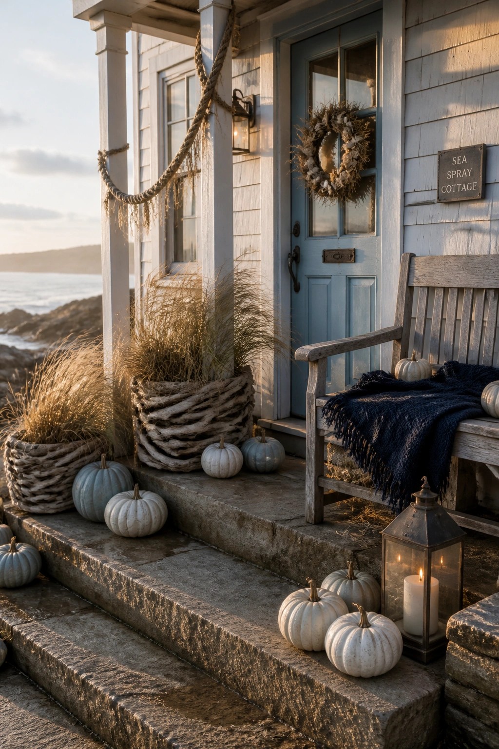 White pumpkins of varying sizes are arranged on the stone steps of a light blue cottage porch, next to a lit lantern and a wooden bench with a dark blanket.