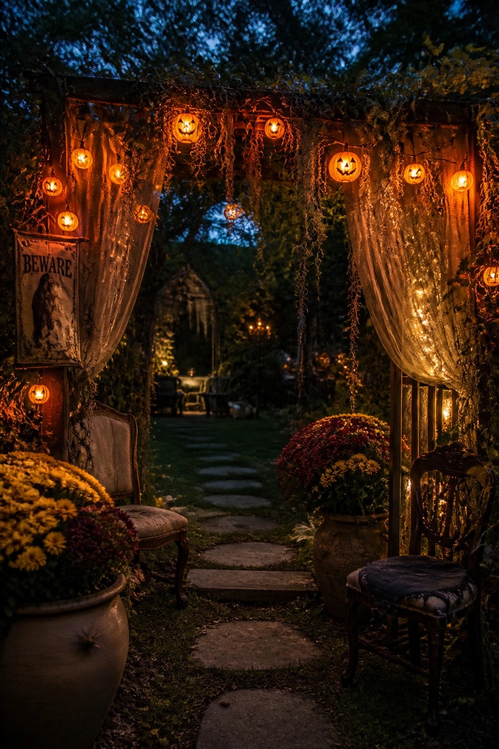 A stone garden path leading through a wooden arch decorated with glowing jack-o'-lantern string lights, potted chrysanthemums, and vintage chairs at dusk.