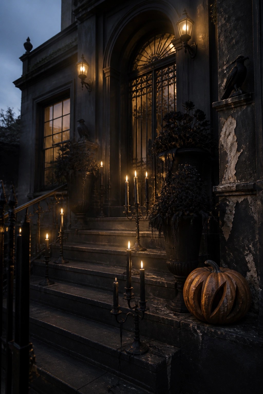 A dark stone house entrance at dusk featuring multiple lit black candelabras on the stairs, wall lanterns, and a carved pumpkin near the bottom right.