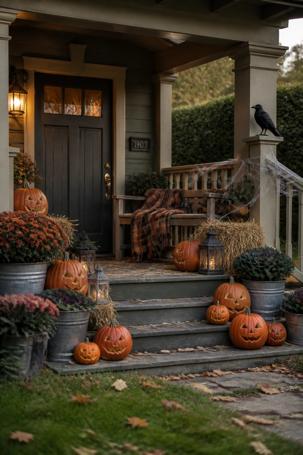 A front porch and steps decorated with carved pumpkins, lit lanterns, potted mums, hay bales, and a wooden bench with a plaid blanket.