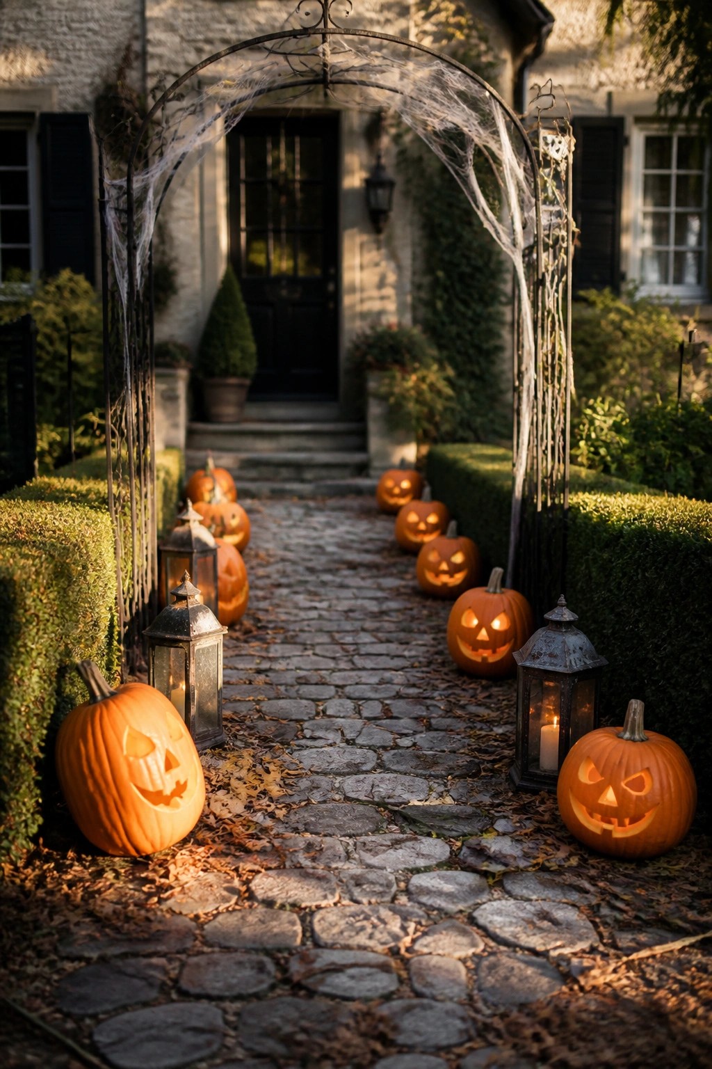A cobblestone path lined with carved jack-o'-lanterns and metal lanterns leads to a house entrance framed by a metal arch draped in spiderwebs.