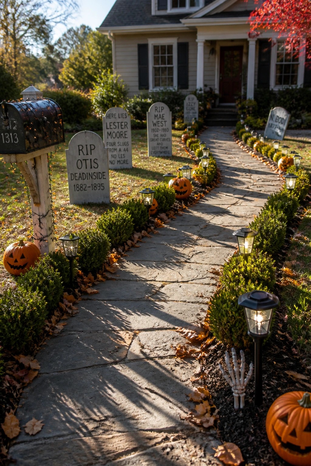 A stone walkway to a house is lined with Halloween tombstones, pumpkins, and solar lights.