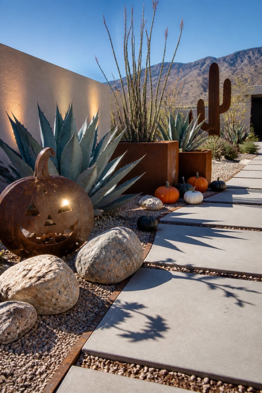 Desert garden with glowing metal jack-o'-lantern, agaves, cacti, and pumpkins