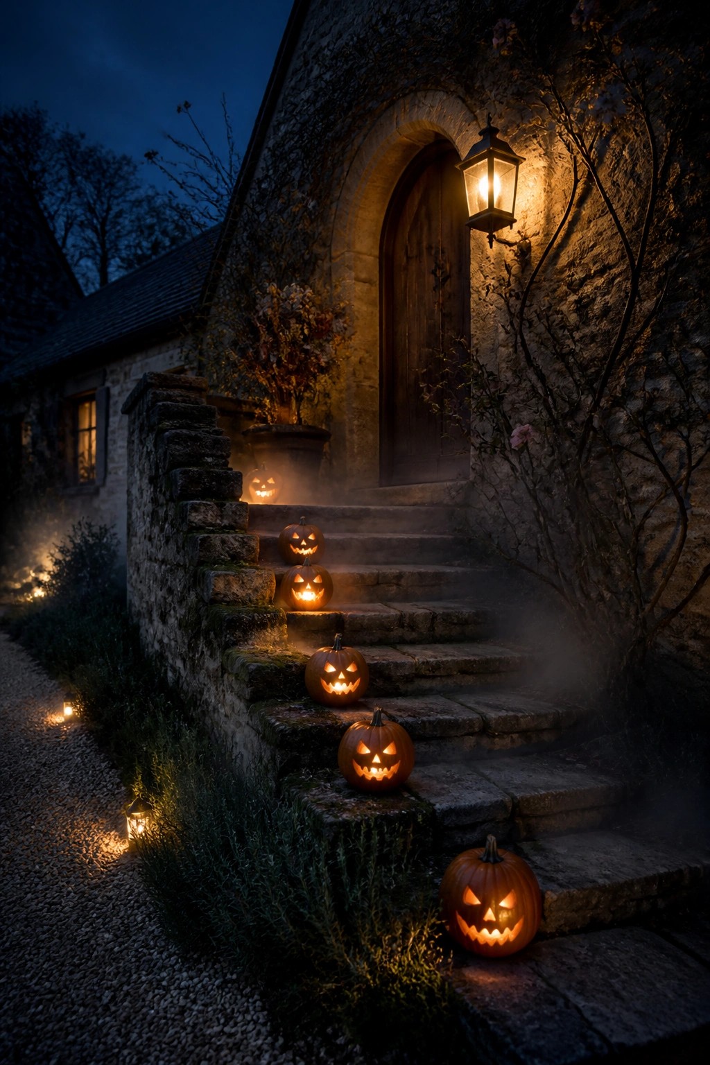 Glowing jack-o'-lanterns on misty stone steps to a lantern-lit wooden door at night