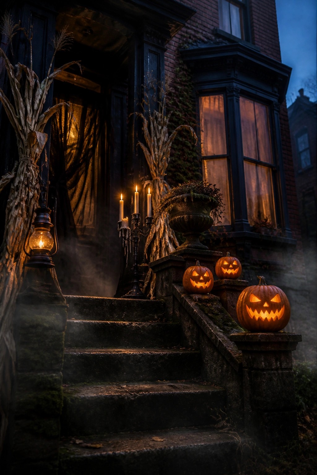 Dark stone steps of old brick house lined with glowing jack-o'-lanterns, candles, and corn stalks in fog.