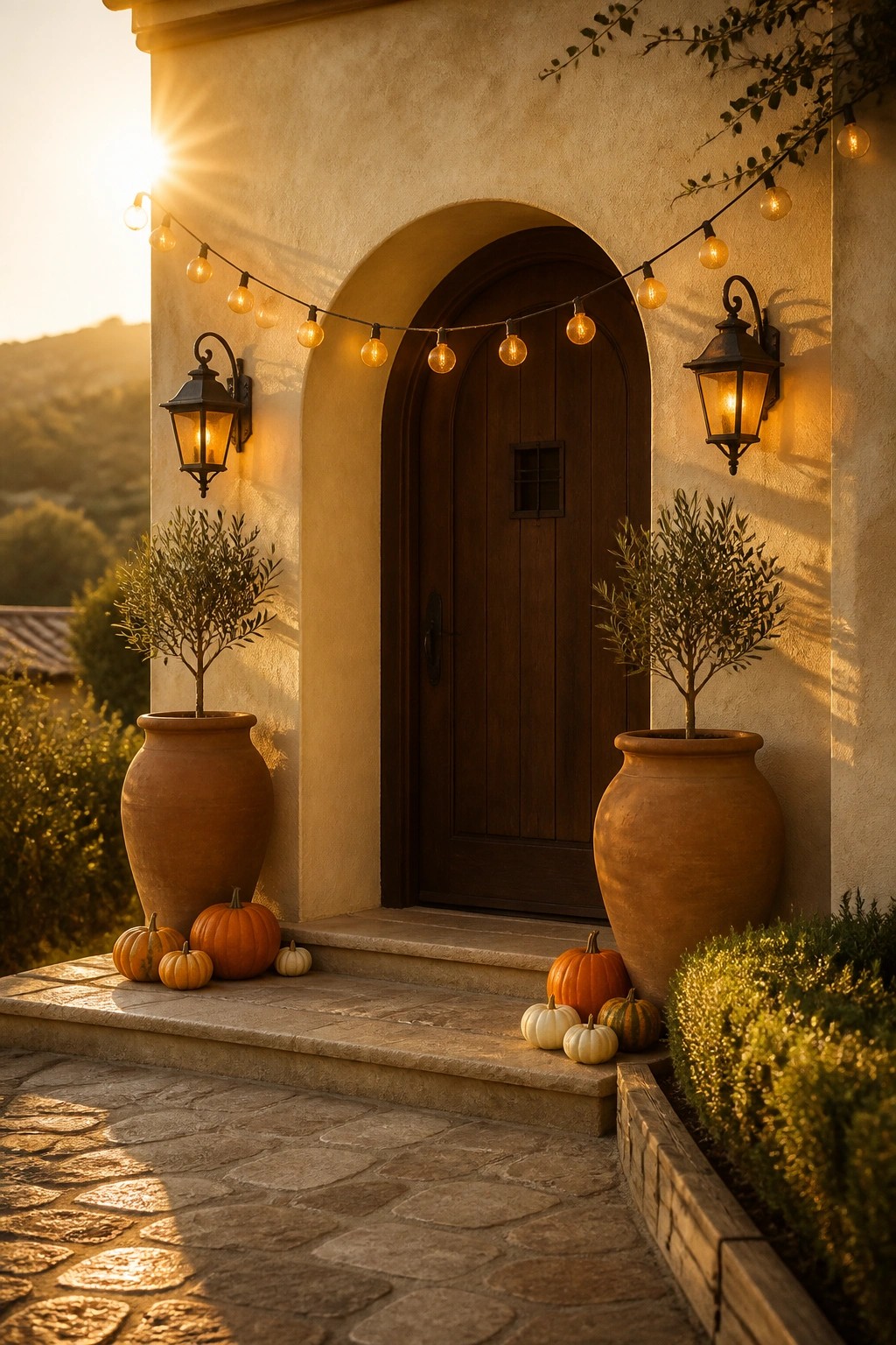Rustic arched wooden door with string lights, lanterns, pumpkins, and terracotta pots at sunset