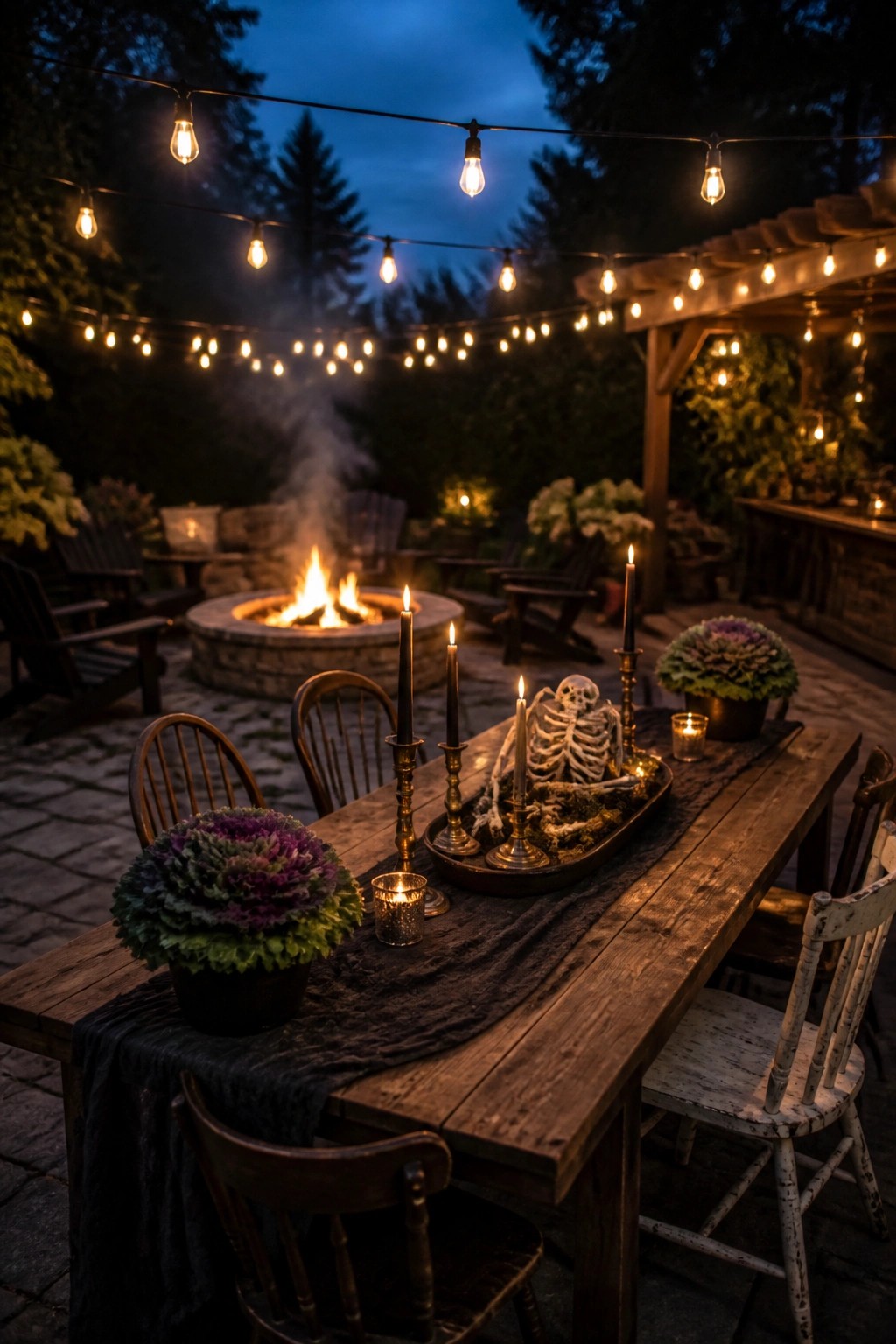 A wooden outdoor dining table set with a skeleton centerpiece, black candles in brass holders, flowers, and string lights overhead, with a fire pit visible in the background.