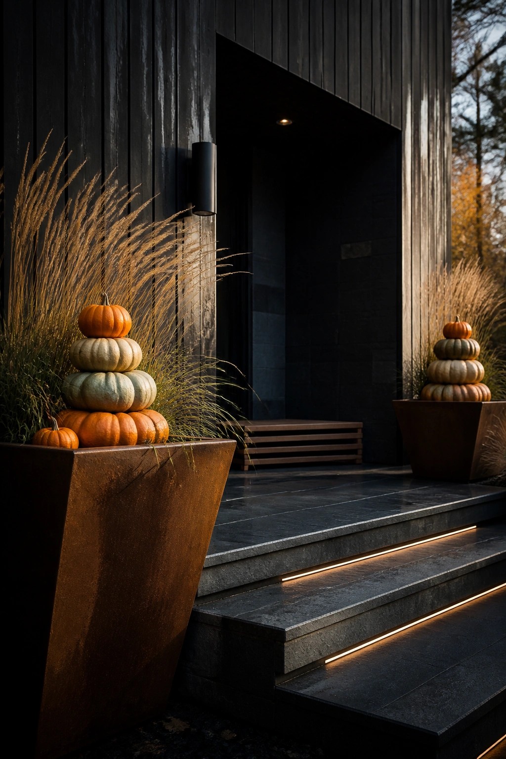 Modern dark wood house entrance with two large metal planters holding stacked pumpkins beside stone steps with built-in lighting.