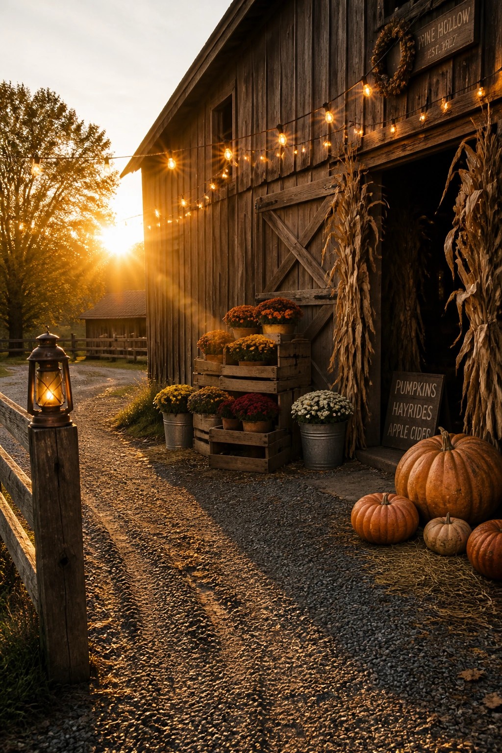 A wooden barn with string lights along the front, pumpkins, potted flowers, and corn stalks at the entrance.