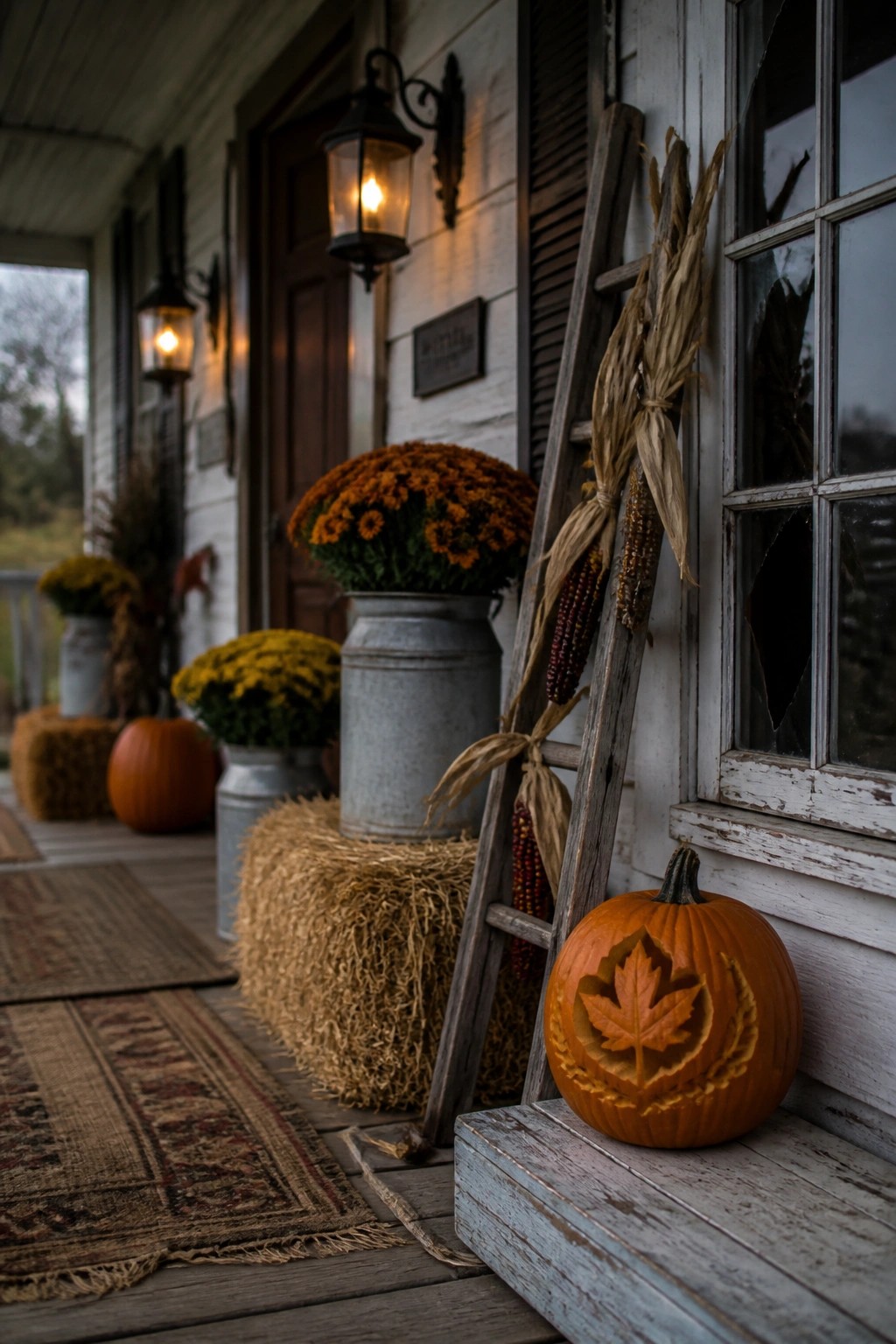A wooden front porch decorated with orange pumpkins, hay bales, corn stalks tied to a wooden ladder, and potted chrysanthemums in metal containers.
