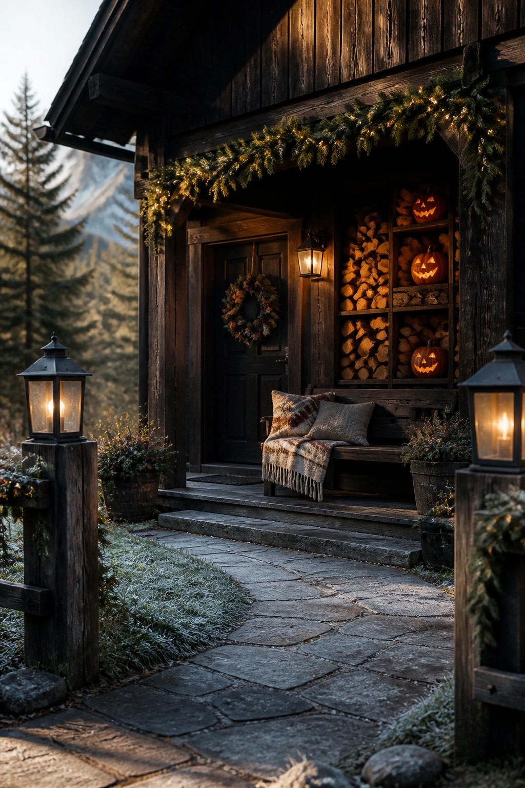 Wooden house entrance with garland lights above the door, a wreath, carved pumpkins placed in built-in firewood shelves, a bench on the steps, and lanterns along the stone path.