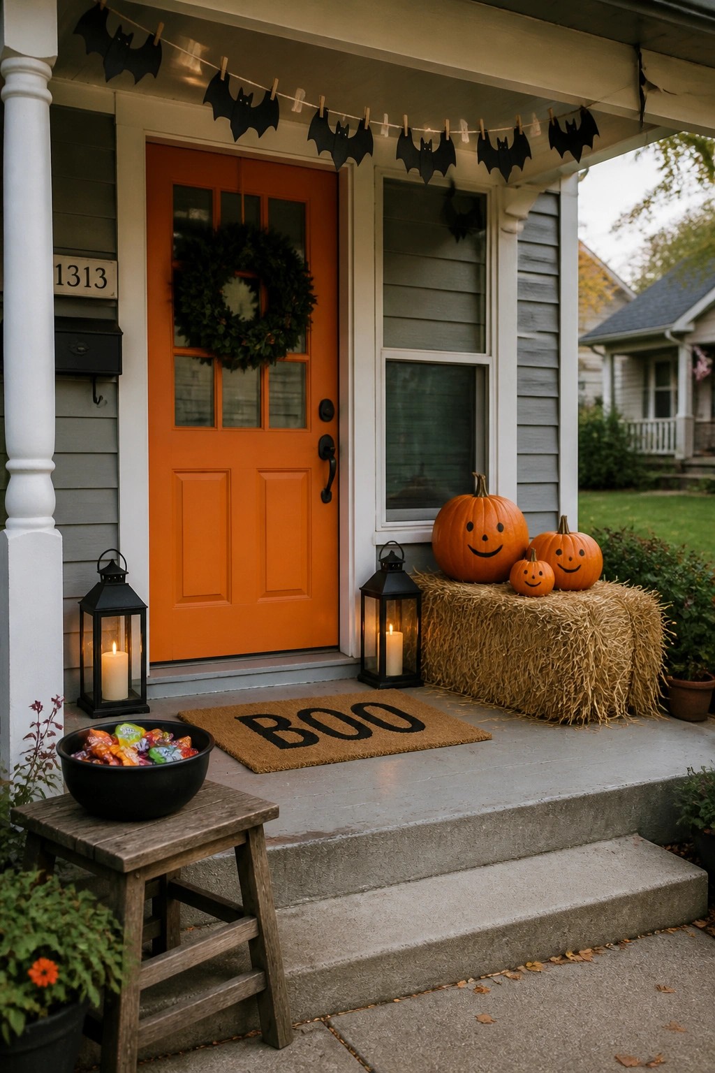 A front porch with an orange door, a green wreath, black bat garland, two lit lanterns, three pumpkins on a hay bale, a 