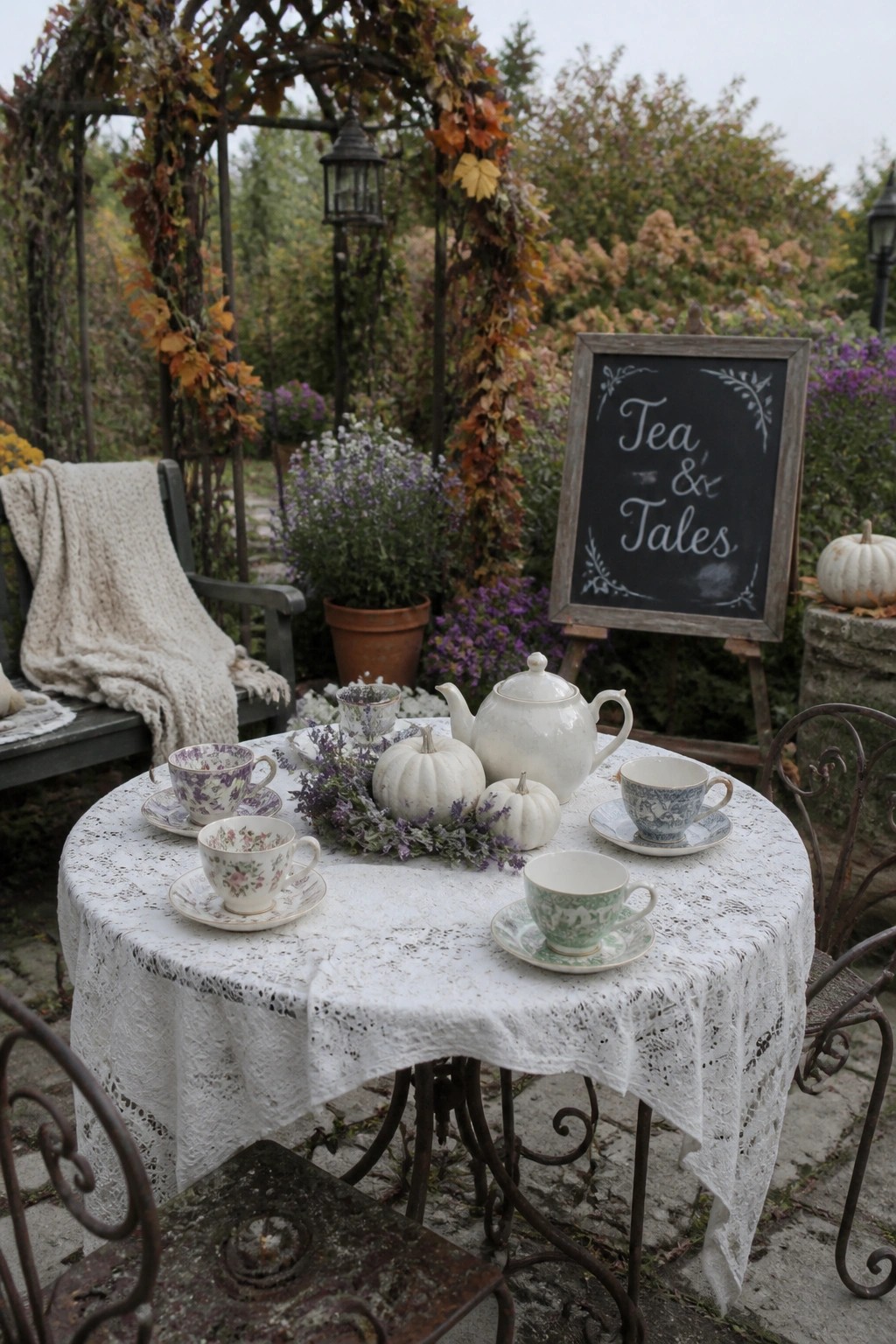 A round table with a white lace cloth holds vintage teacups, a white teapot, small white pumpkins, and a floral wreath, next to a chalkboard easel sign that reads 