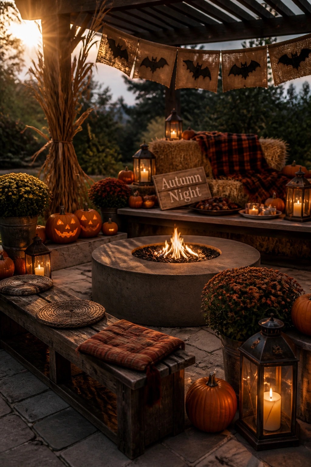 A concrete fire pit on a stone patio surrounded by a wooden bench, plaid cushions, lanterns, pumpkins, and bat banners hanging overhead.