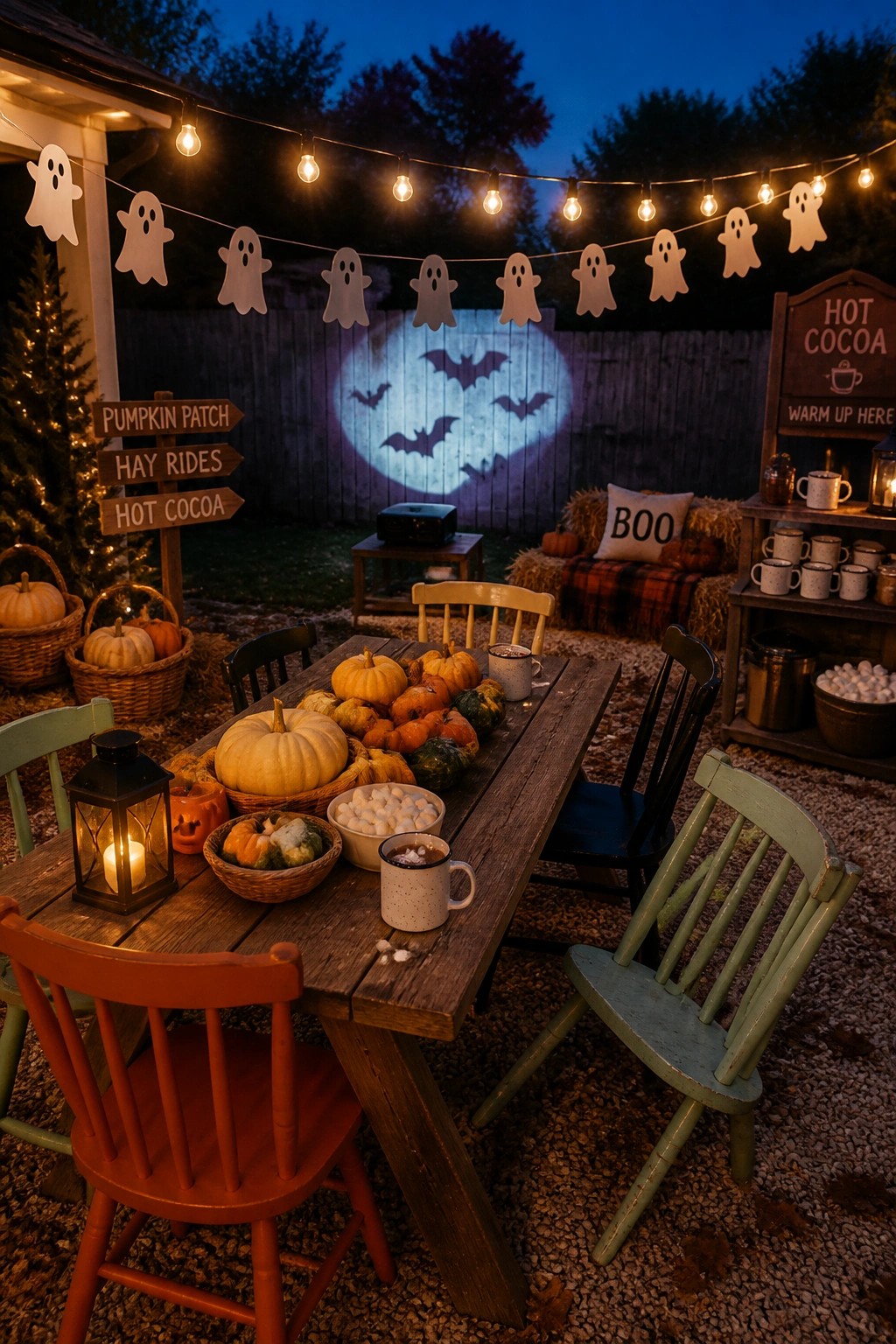 Autumn backyard table with pumpkins, hot cocoa, ghost string lights, and bat projection