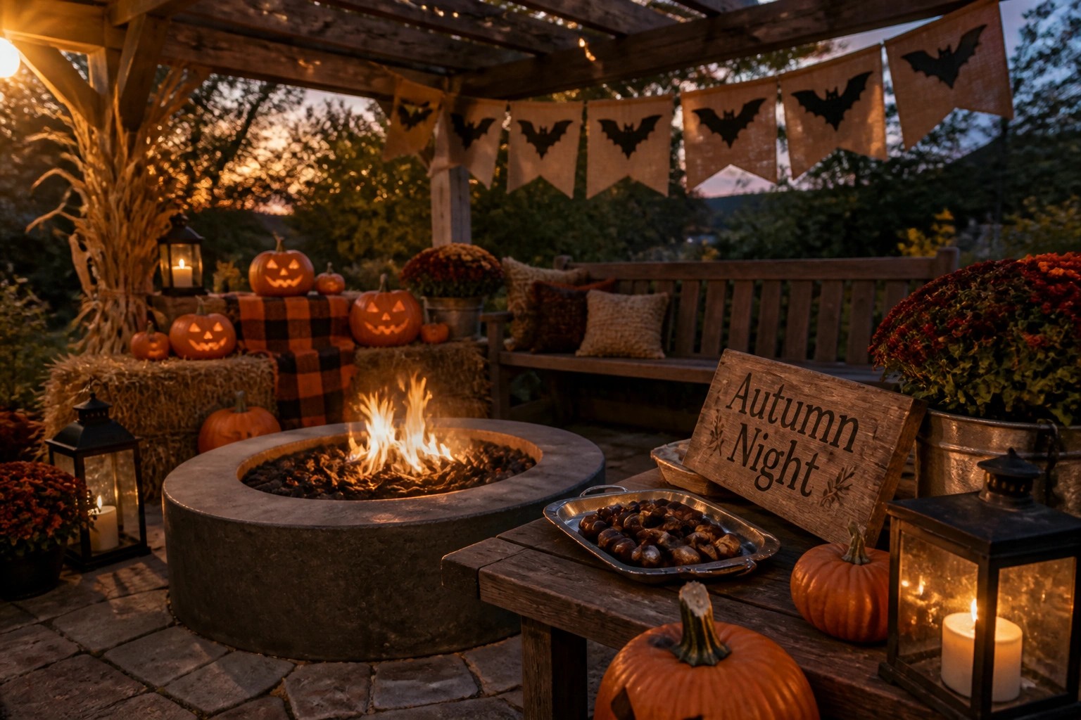 A concrete fire pit on a stone patio surrounded by a wooden bench, plaid cushions, lanterns, pumpkins, and bat banners hanging overhead.