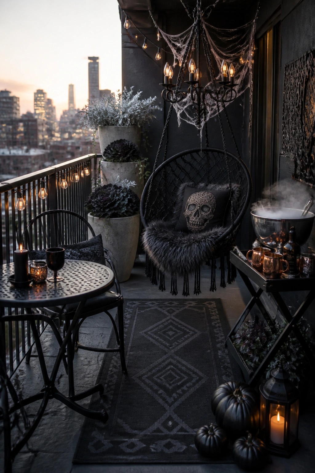 A dark balcony patio decorated for Halloween with a black hanging chair featuring a skull pillow, string lights, pumpkins, candles, and a city skyline view.