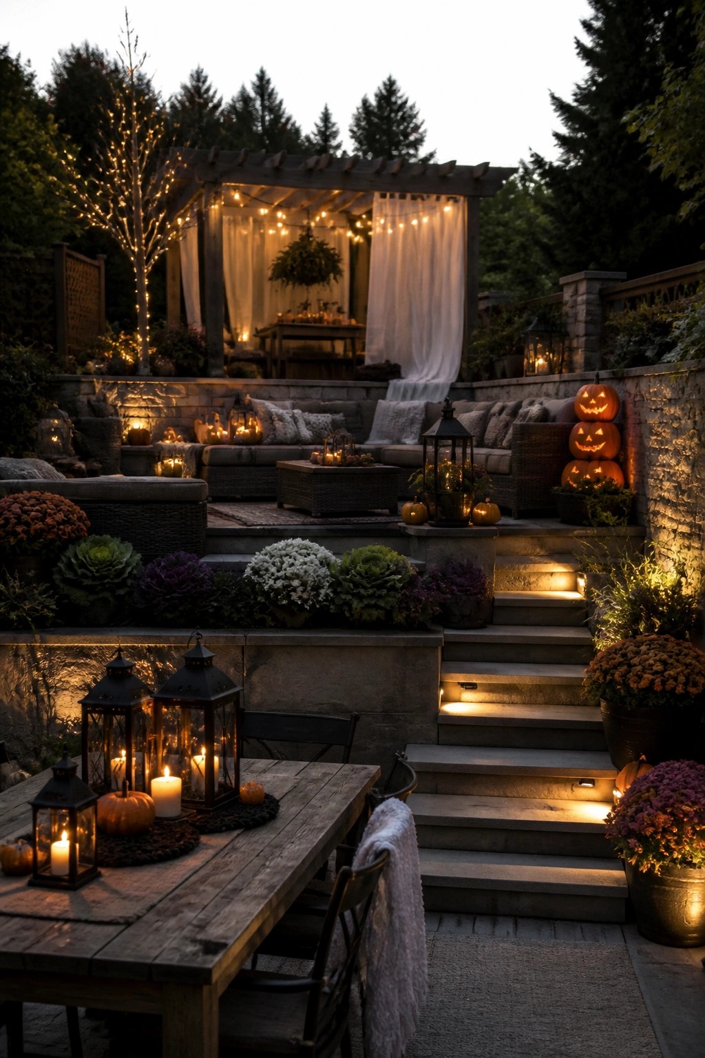 Cozy autumn patio with string lights, jack-o'-lanterns, and lantern-lit stone steps at dusk