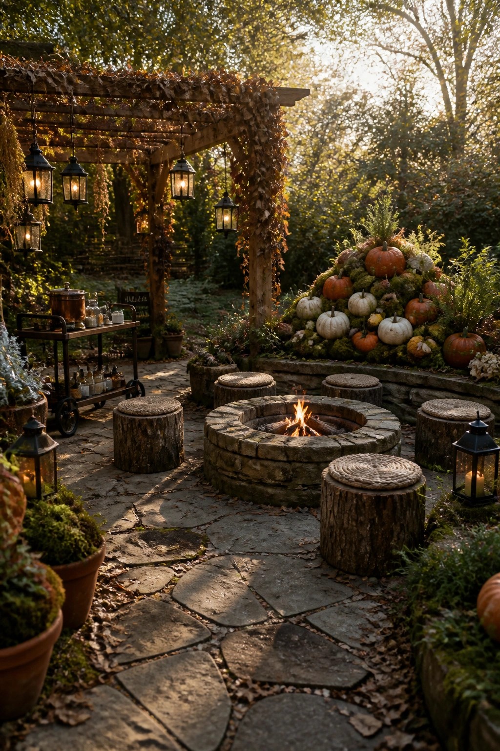 A stone fire pit sits at the center of a flagstone patio surrounded by tree stump seats, with hanging lanterns on a wooden pergola and pumpkins piled on a mossy bank in the background.