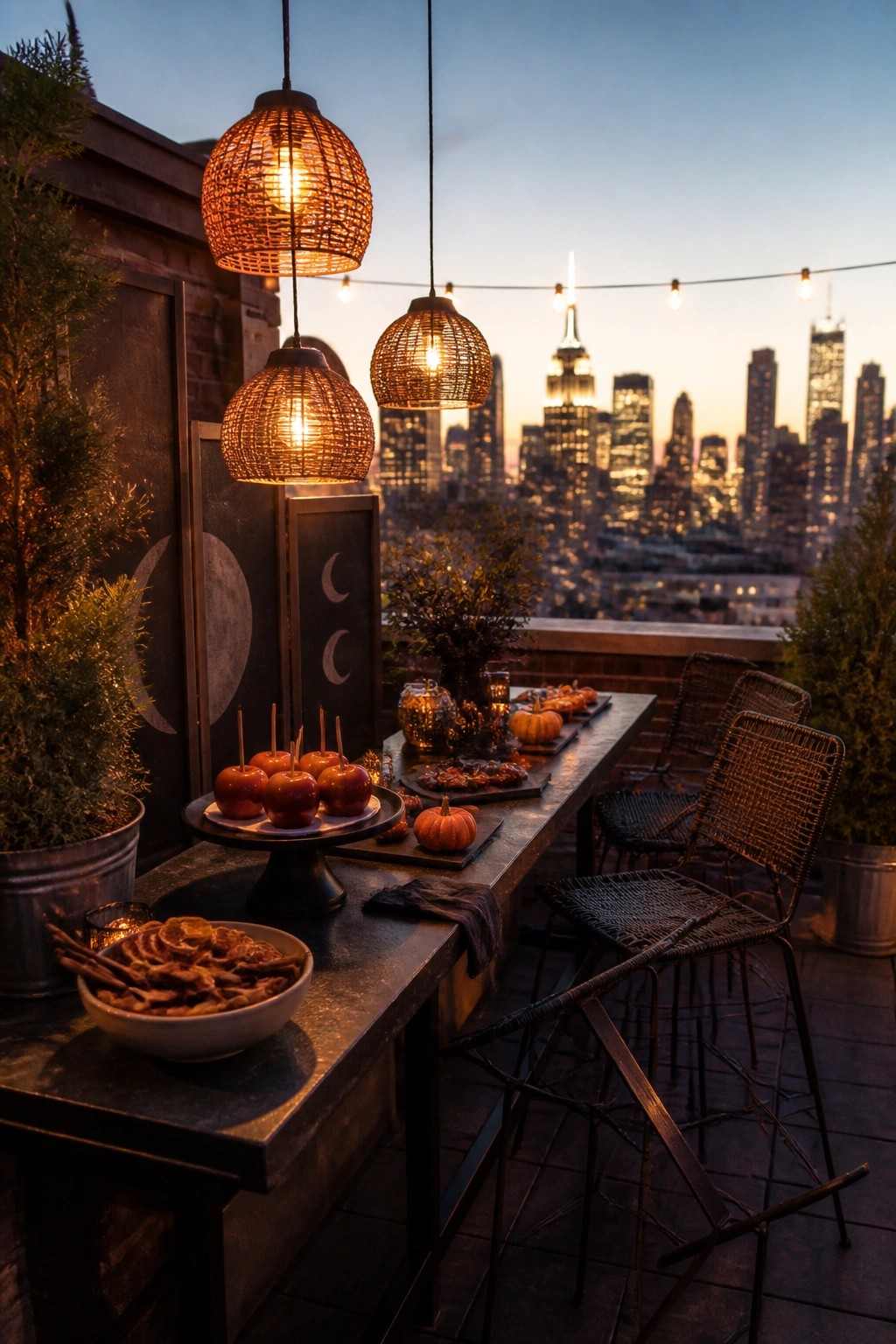 A rooftop patio at dusk featuring a long table with candy apples, small pumpkins, and snacks, surrounded by woven chairs, hanging wicker lanterns, string lights, and a city skyline view.