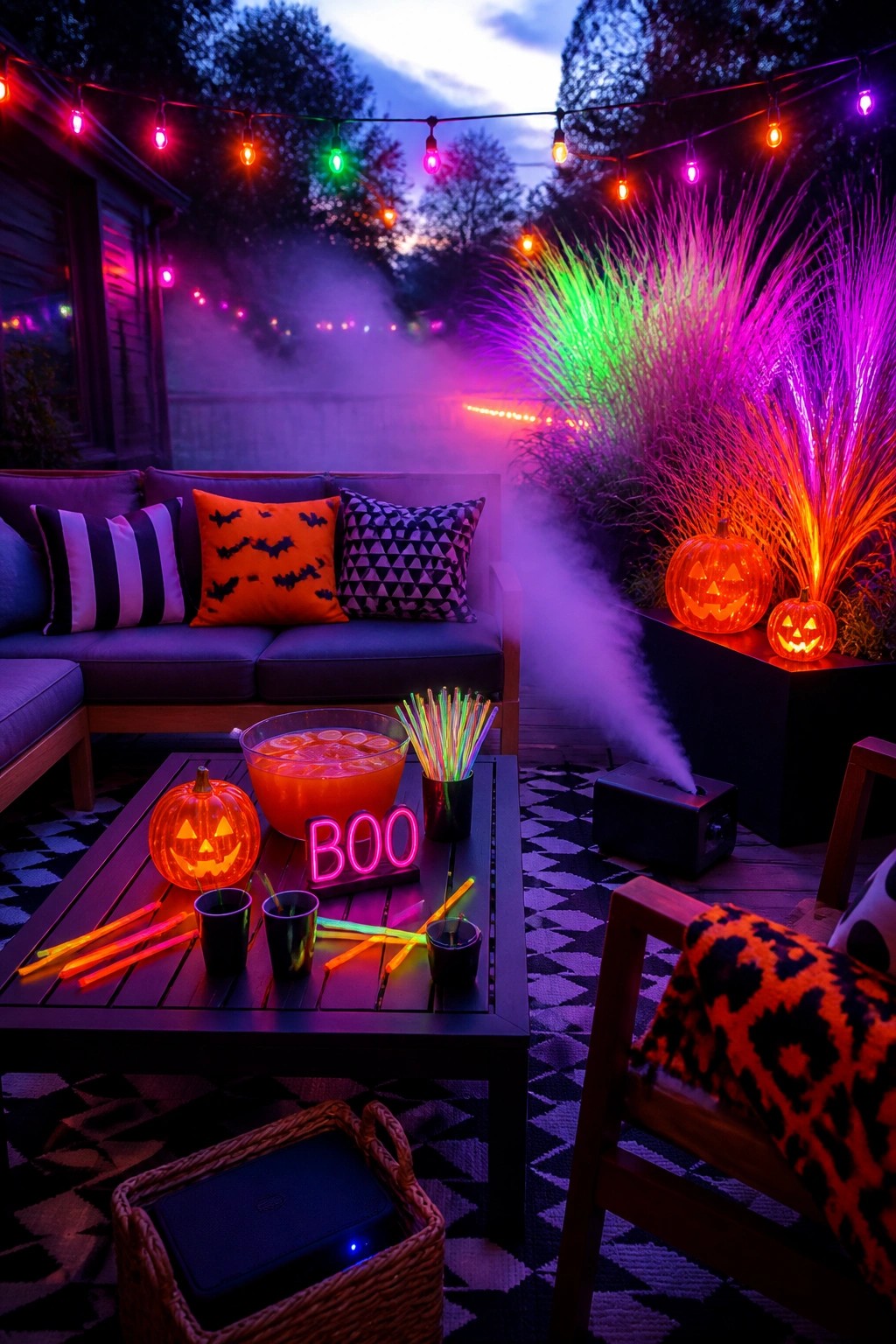 Vibrant Halloween patio with glowing pumpkins, neon boo sign, string lights, and fog.