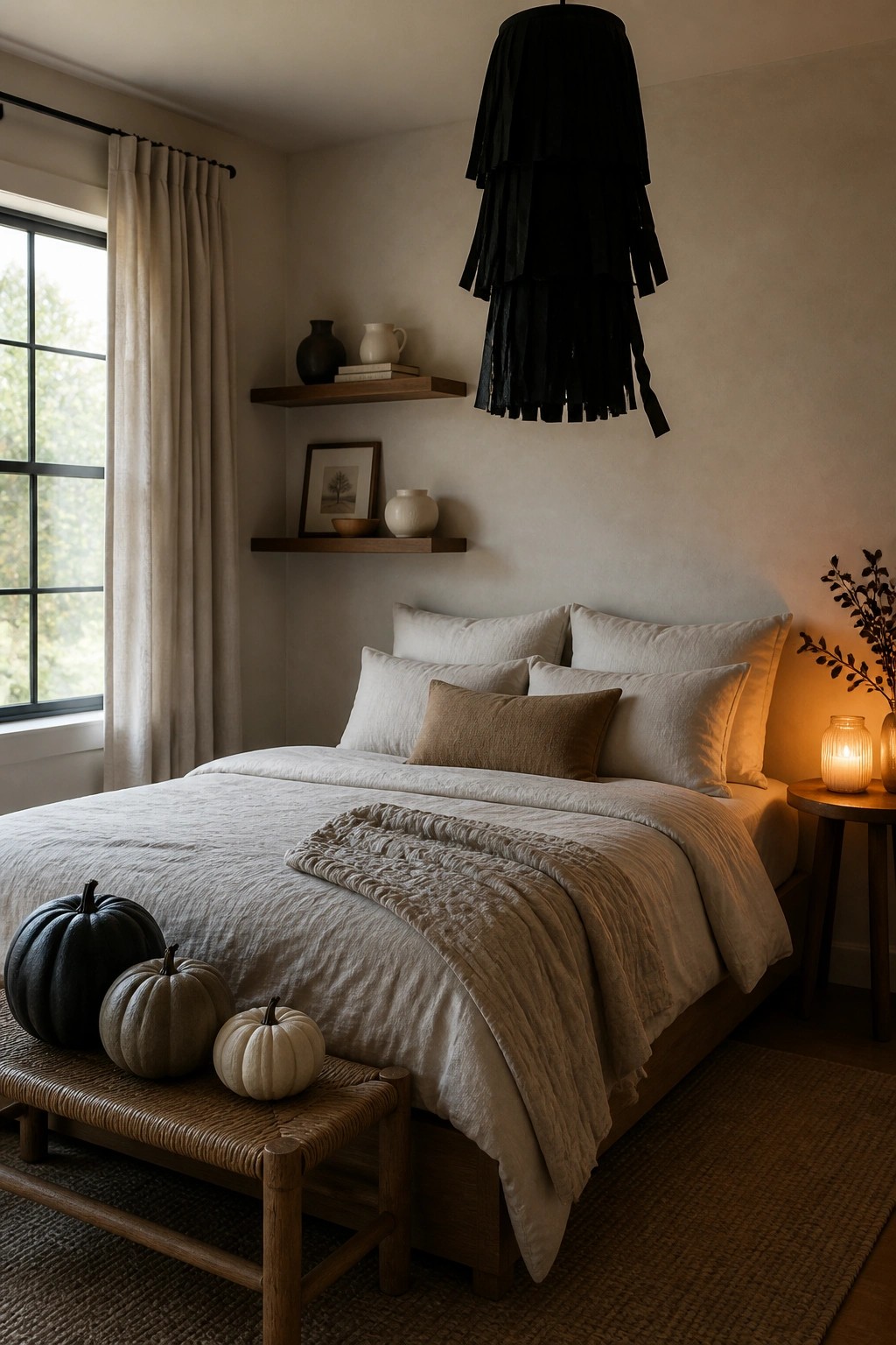 A neutral bedroom features a bed with white and brown linens, a wooden bench holding three pumpkins at the foot, floating shelves on the wall, and a black tiered light fixture overhead.
