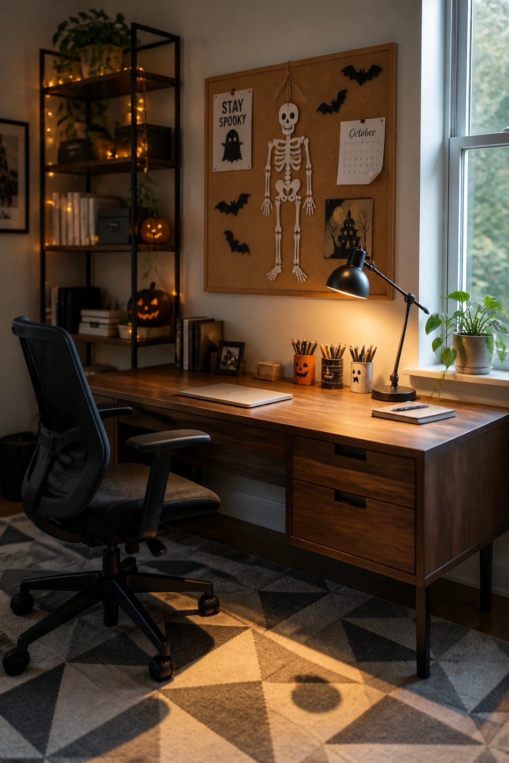 A wooden desk setup with a black office chair and a large corkboard on the wall displaying a skeleton, paper bats, and Halloween signs.