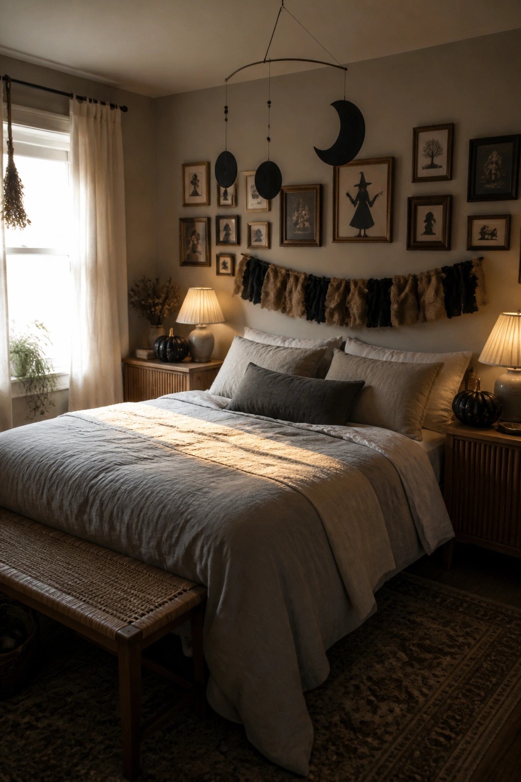 Cozy bedroom with gray bedding, moon mobile, framed art, and black pumpkins.