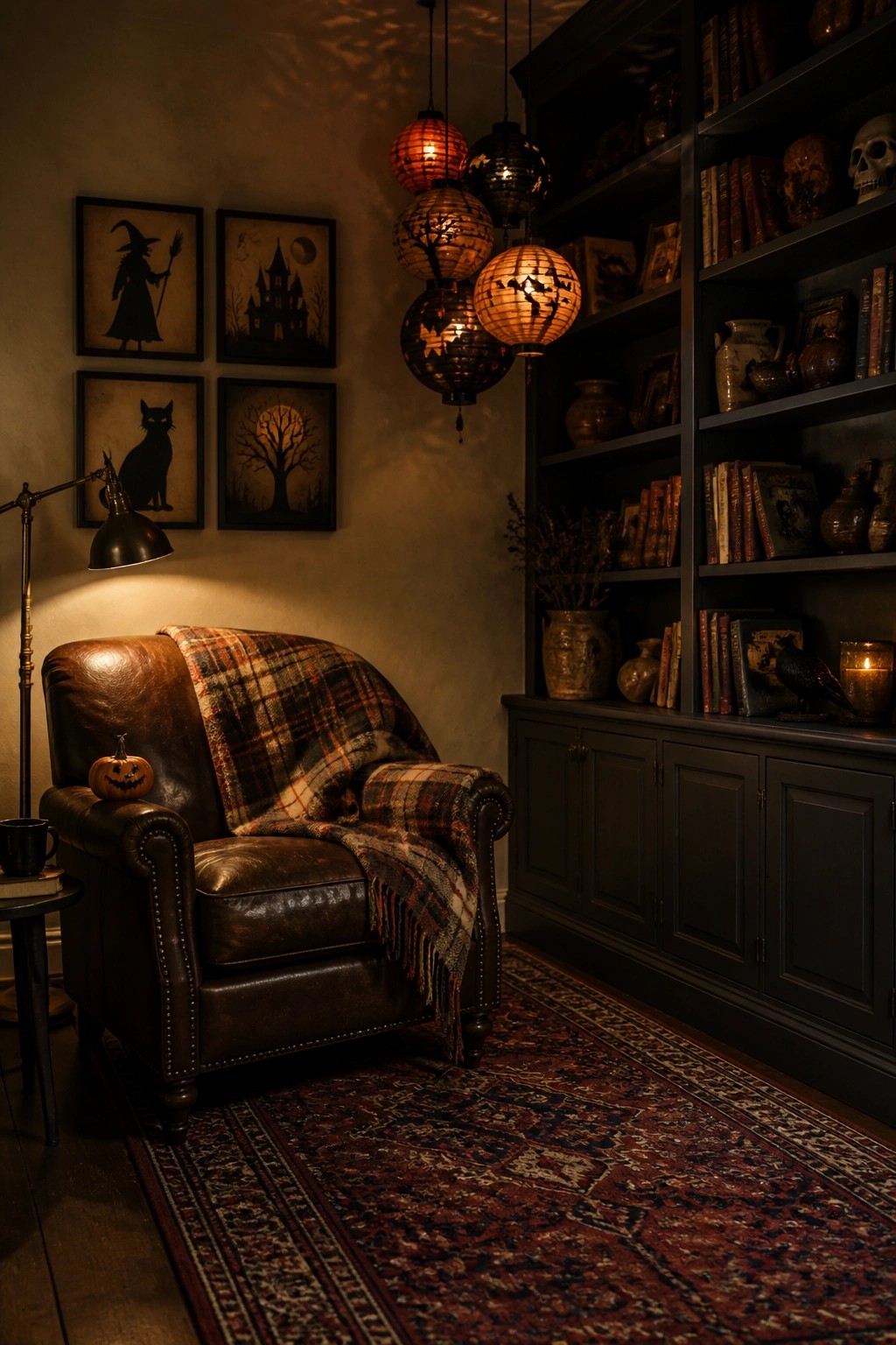 A dimly lit room features a brown leather armchair with a plaid throw, a small pumpkin on the arm, four framed black paper silhouettes on the wall, and hanging paper lanterns with bat cutouts.