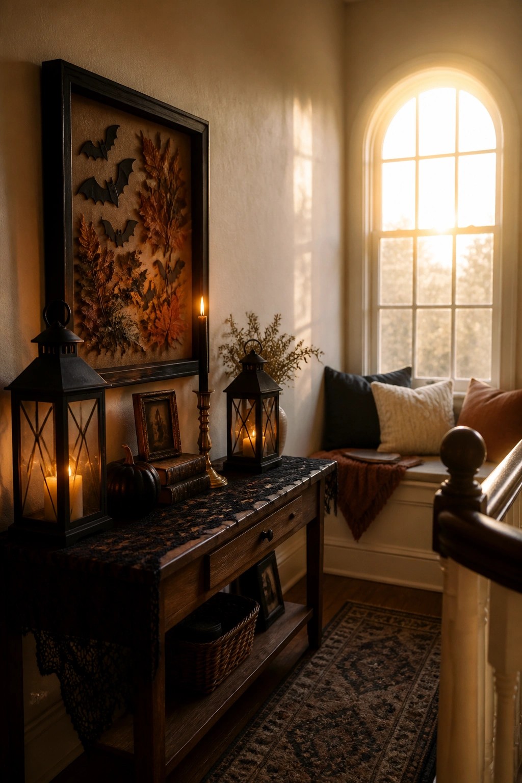 A wooden console table holds two lit black lanterns, a small pumpkin, stacked books, and a framed display of dried autumn leaves with black bat shapes mounted on the wall above it.