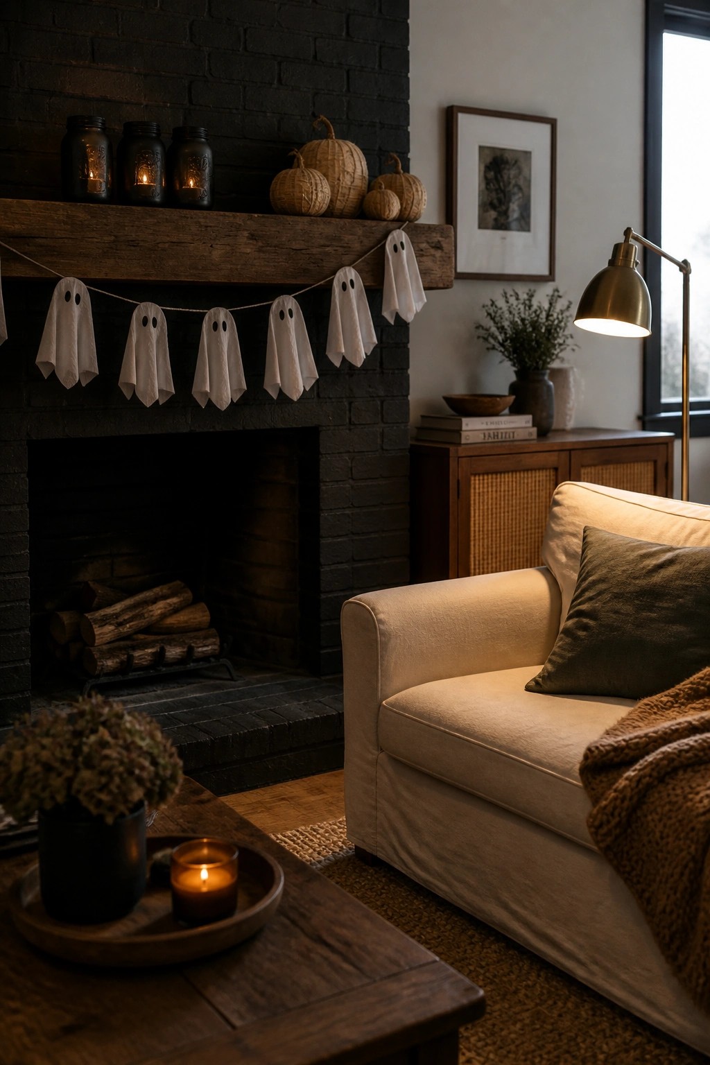 A living room interior showing a black brick fireplace with a wooden mantel holding a garland of white fabric ghosts, several small pumpkins, and glass jar candles, with a white armchair and wooden coffee table in the foreground.