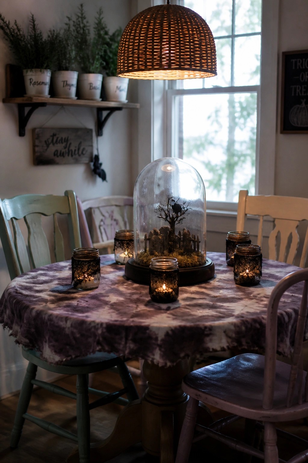 A round dining table covered with a purple tie-dye cloth holds a large glass cloche displaying a miniature graveyard scene, surrounded by several lit mason jars.
