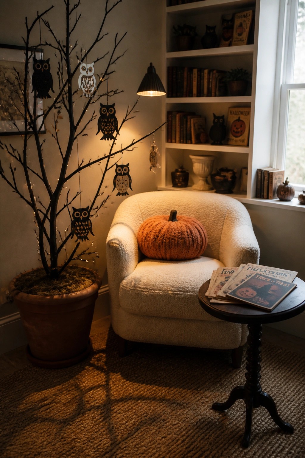 A white armchair with an orange knitted pumpkin sits beside a potted tree hung with owl ornaments and string lights, next to a round side table holding vintage magazines.
