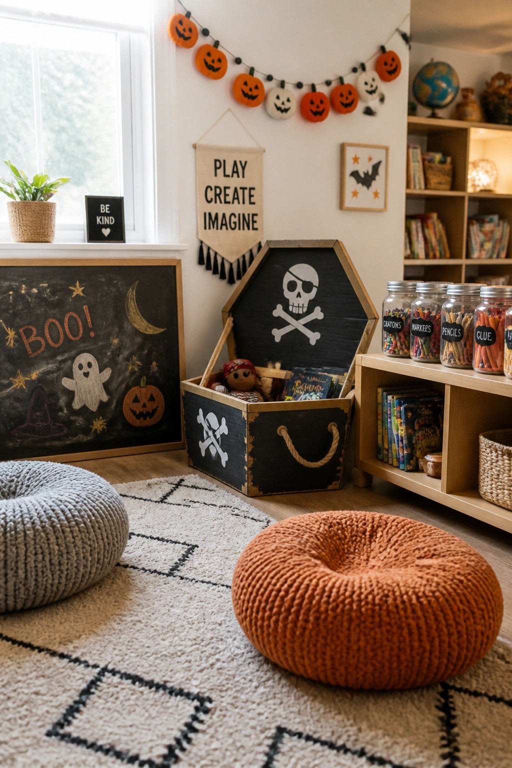 A children's playroom corner with a pumpkin garland on the wall, a black coffin-shaped toy chest, a chalkboard with Halloween drawings, and two knit poufs on a rug.