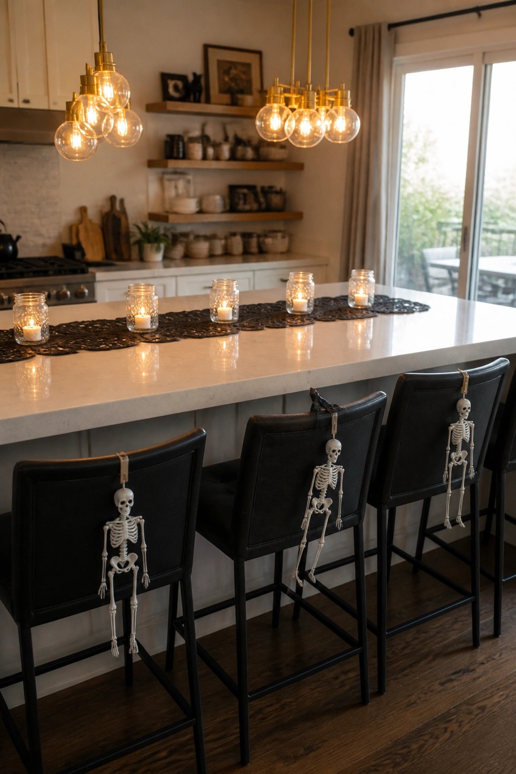 Black bar stools lined up at a kitchen island each have a small white skeleton figure hanging from the back.