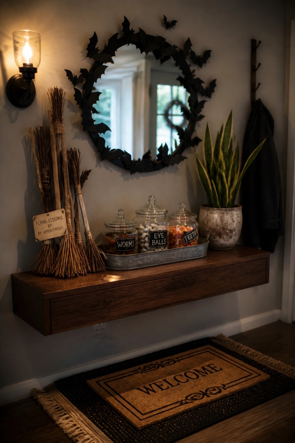 Halloween entryway shelf with witch brooms, candy jars, snake plant, and bat mirror