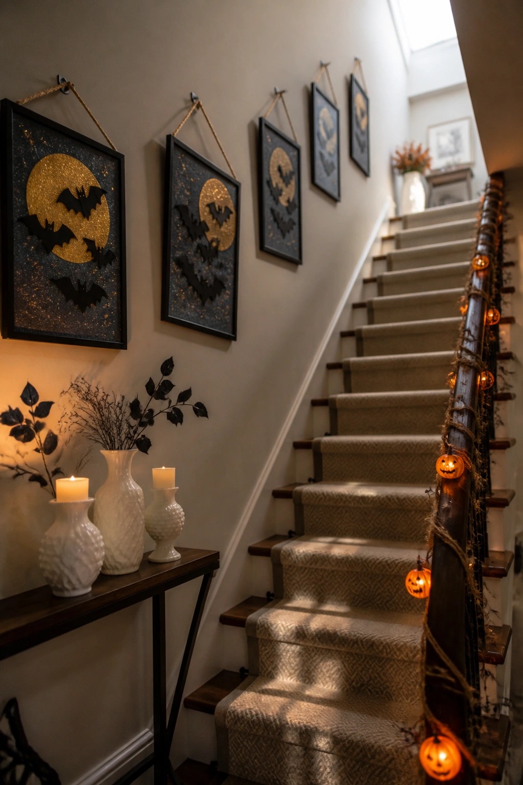 A staircase wall lined with framed bat and moon artwork, white vases holding lit candles on a console table below, and pumpkin-shaped string lights wrapped around the wooden banister.
