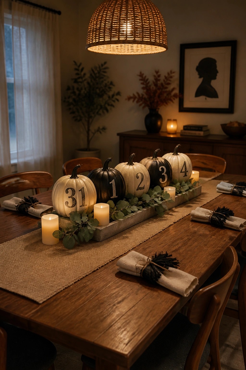A wooden dining table with a burlap runner holding a concrete tray of white and black numbered pumpkins, lit candles, and folded napkins.