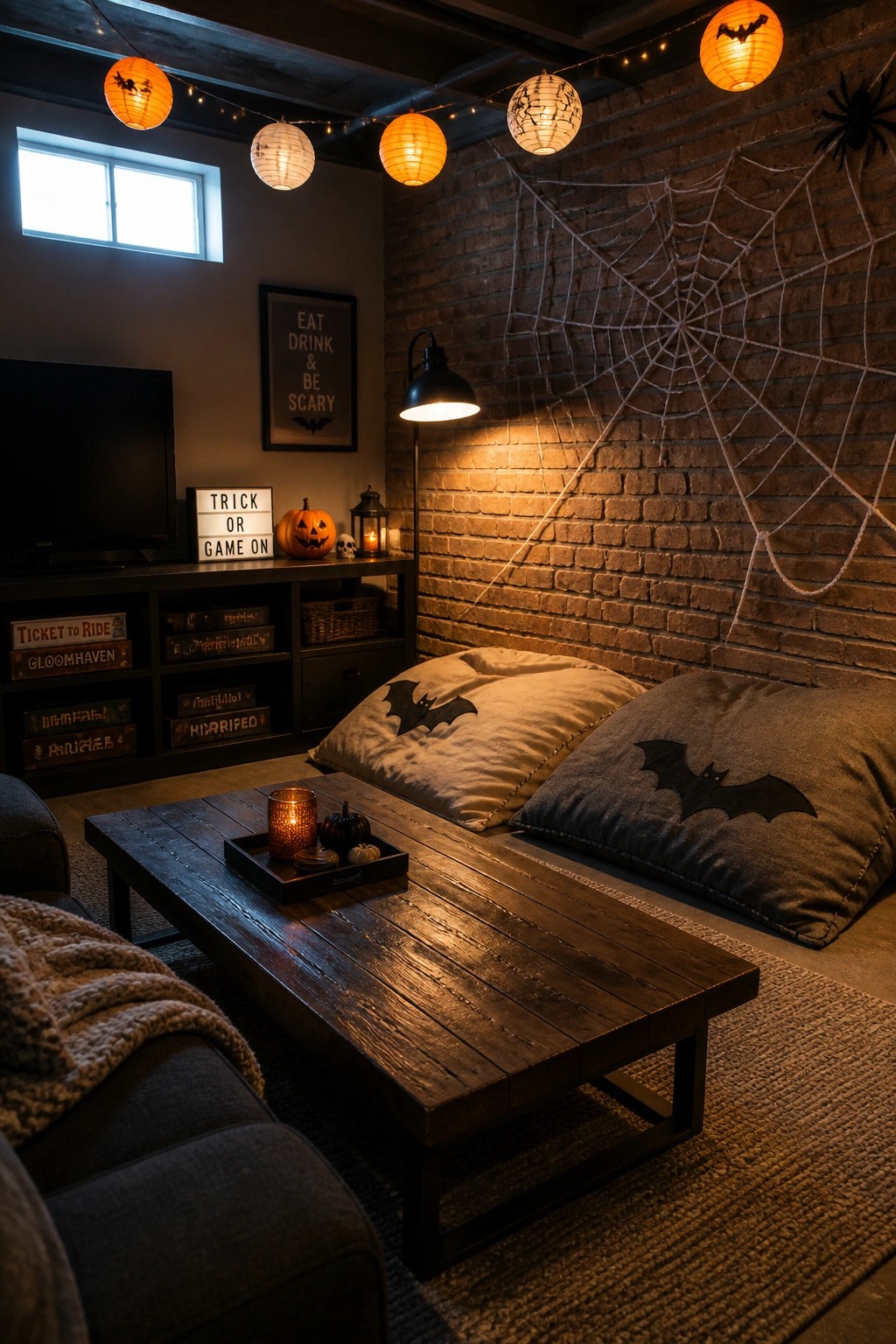 Cozy Halloween den with bat pillows, spiderweb on brick wall, pumpkins, and lanterns.