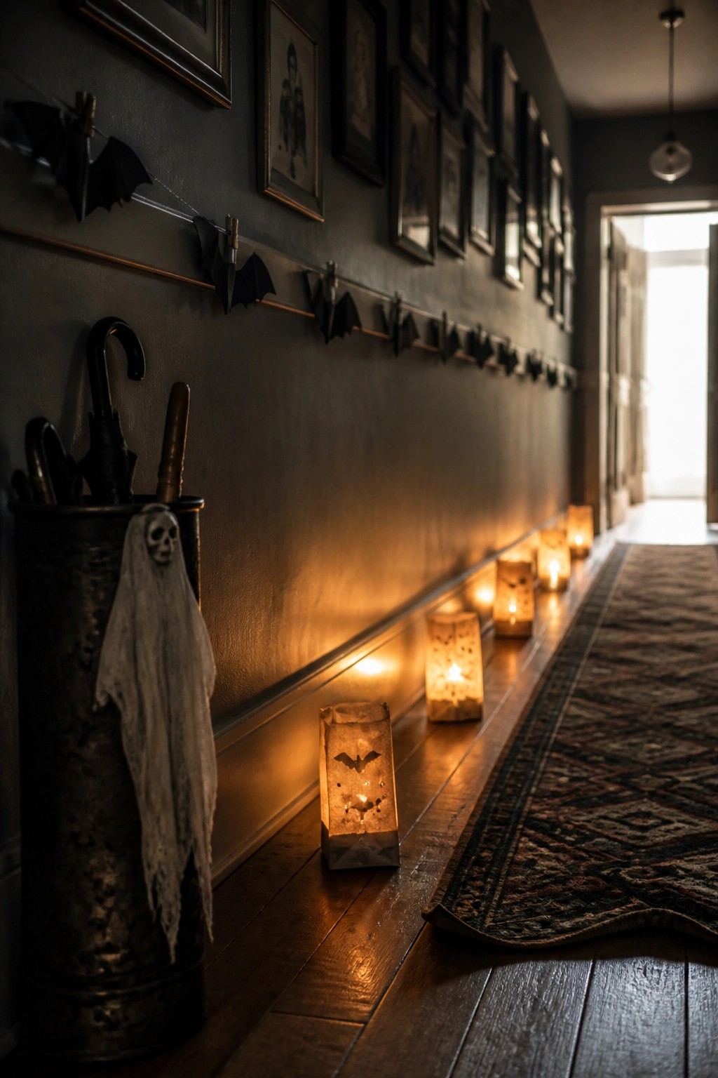 A dimly lit hallway with glowing paper bag lanterns featuring bat cutouts lined up along the wooden floor next to a dark wall with framed pictures and a bat garland.