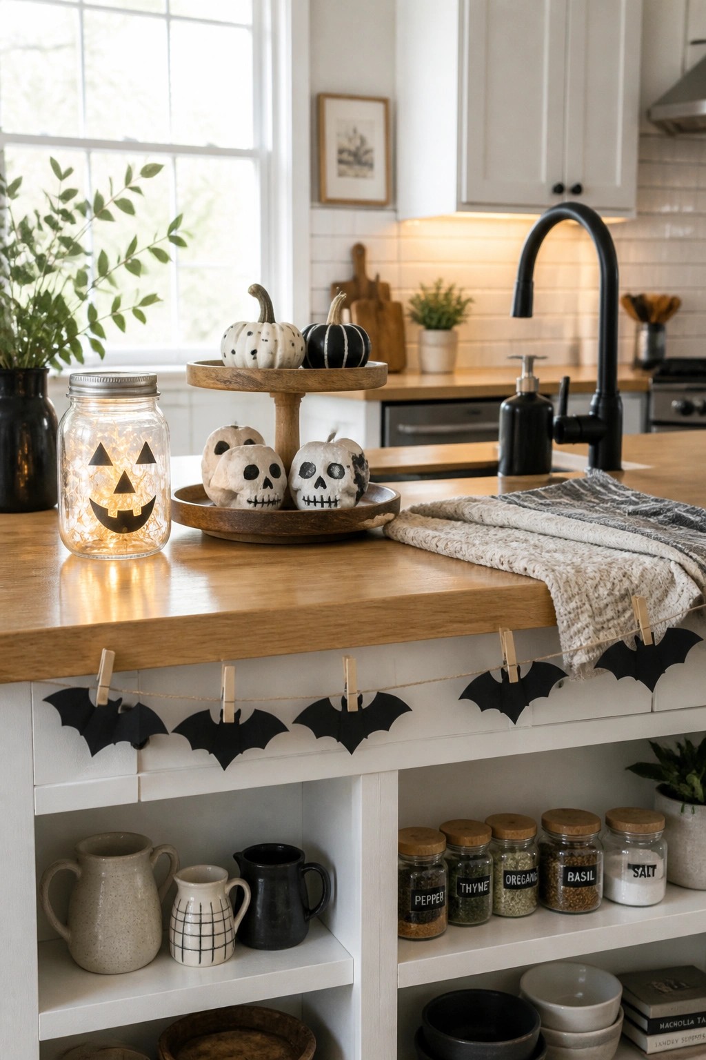 A kitchen island with a string of black paper bats clipped along the front edge using wooden clothespins, along with skull pumpkins on trays and a glowing mason jar lantern.