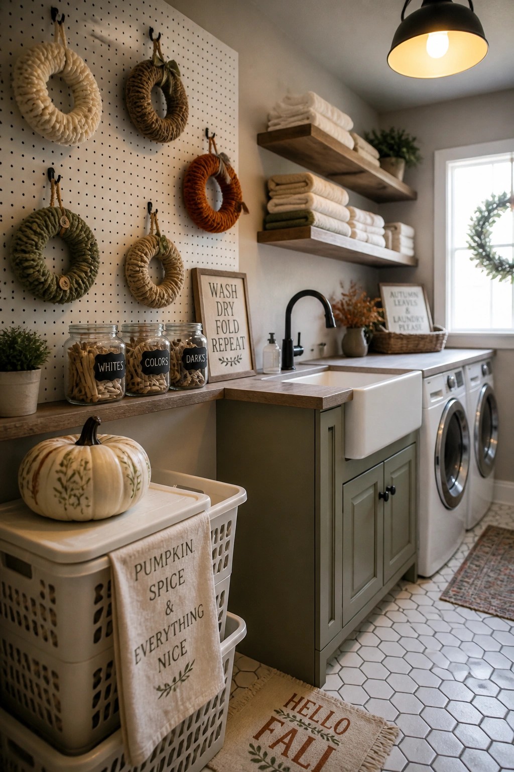 A laundry room featuring a white pegboard wall with hanging yarn wreaths in neutral and orange tones, wooden signs, a white farmhouse sink, washing machines, and stacked laundry baskets topped with a pumpkin.