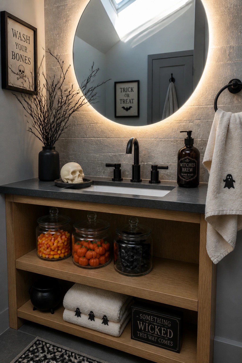A bathroom vanity with open wooden shelves holding glass jars of candy, folded towels with ghost prints, and a black cauldron beneath a dark countertop sink.