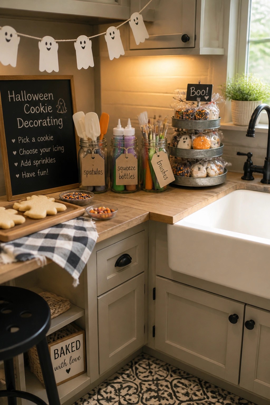 A kitchen corner with a chalkboard sign, labeled mason jars holding decorating tools, ghost banner, undecorated cookies on a tray, and a tiered stand of wrapped treats.