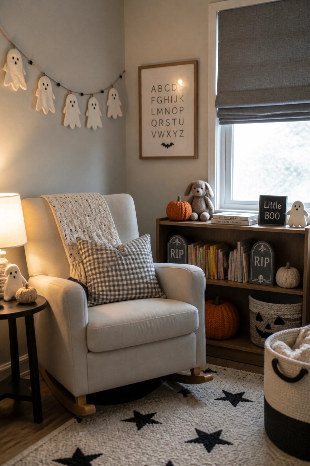 A nursery with a white rocking chair, ghost garland on the wall above it, and a bookshelf holding books, small pumpkins, and a stuffed bunny.